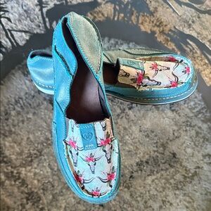 Turquoise and Floral Slip-On Loafers